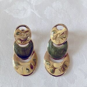 Cream and Green Hand-Painted Enamel Earrings
